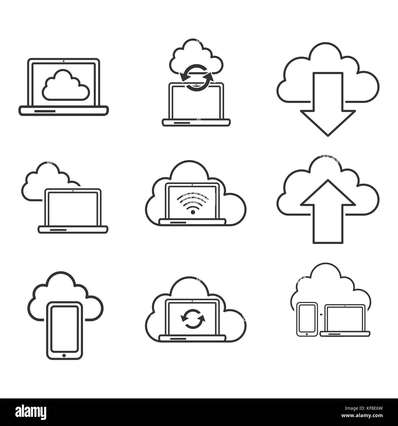 Cloud set di icone, flat internet raccolta di icone per il web e i dispositivi mobili elemento. vettore illustrazione iconic. Illustrazione Vettoriale