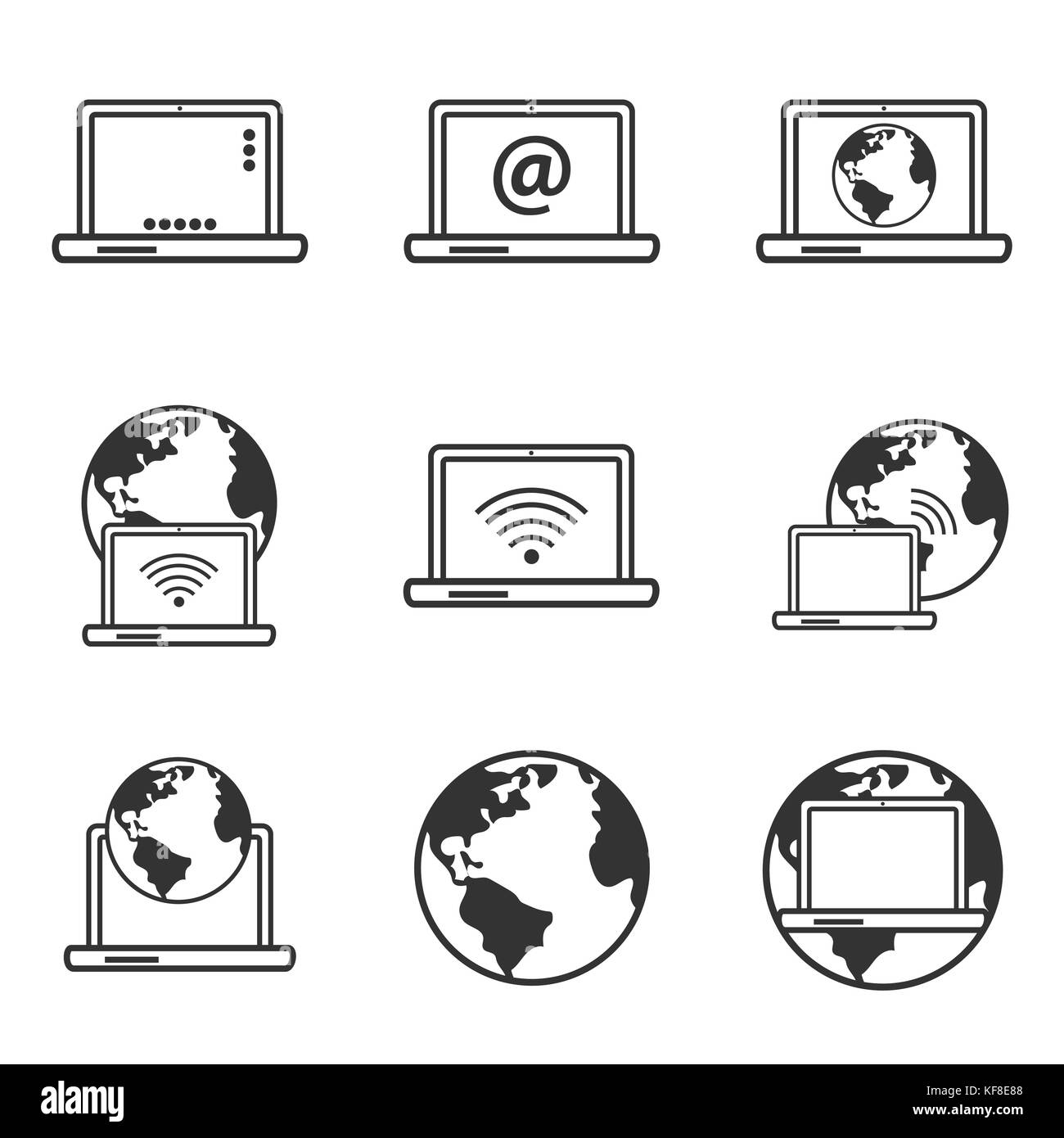 Le icone di internet, laptop e terra icona a forma di globo, flat internet raccolta di icone per il web e i dispositivi mobili elemento. vettore illustrazione iconic. Illustrazione Vettoriale