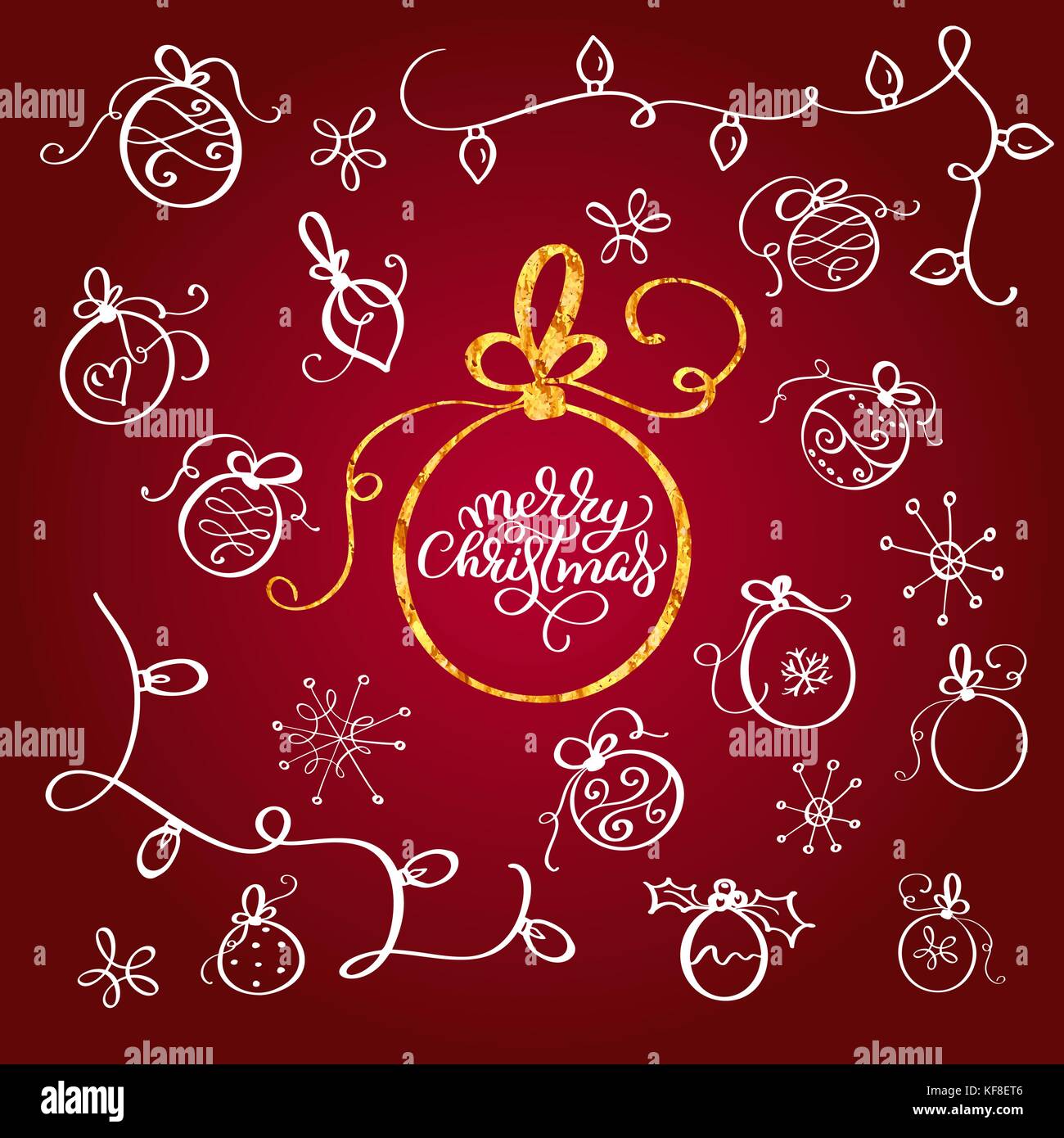 Set di fiorire vintage doodle palle di Natale. vettore di elementi di design. design per xmas holiday greeting card. Buon Natale calligraphy lettering testo su sfondo rosso Illustrazione Vettoriale
