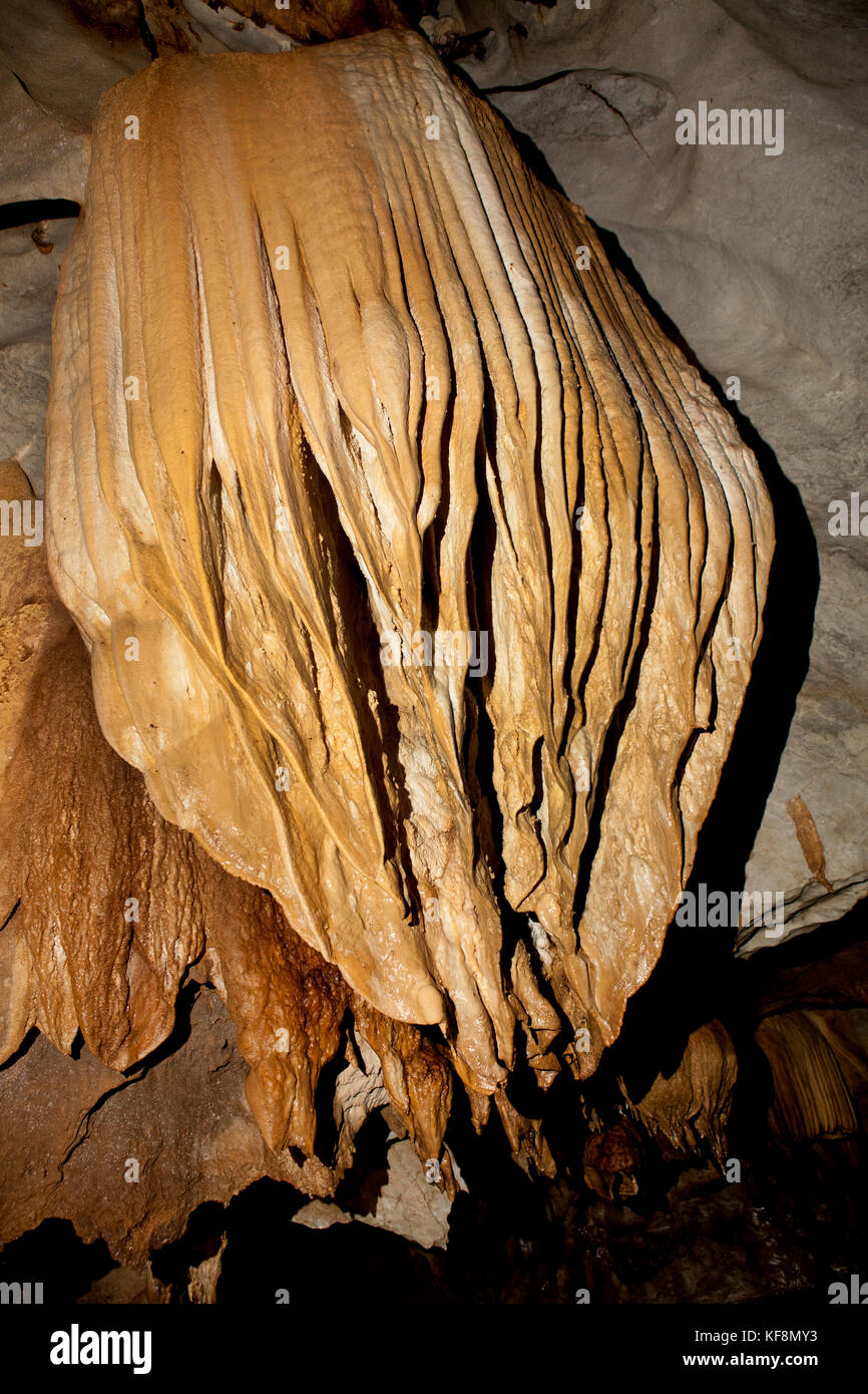 FILIPPINE, Palawan, Sabang, una enorme stalagite pende dal soffitto del fiume sotterraneo Foto Stock