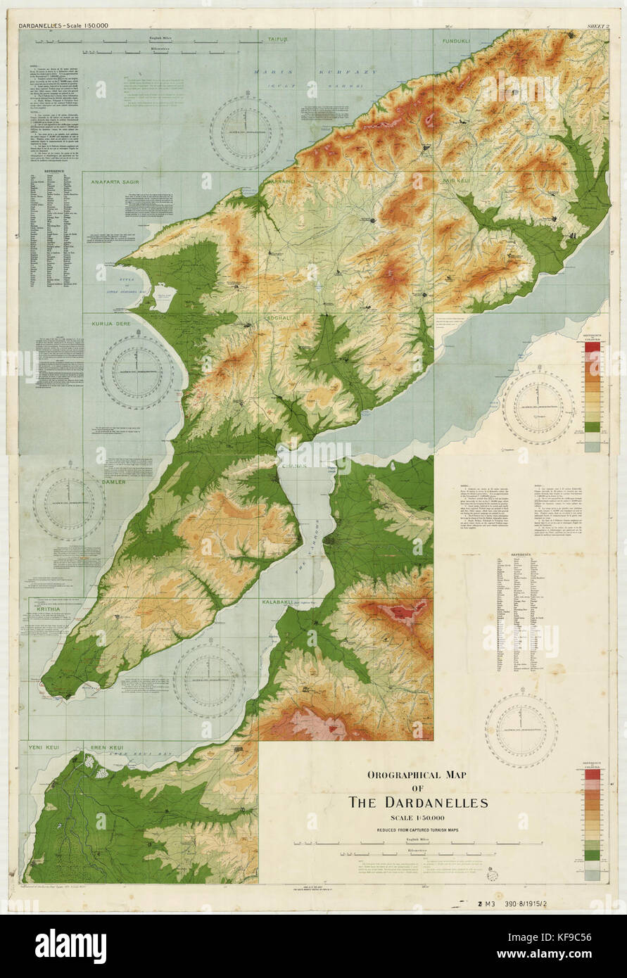 Mappa orografica dei Dardanelli ridotto da catturato mappe turco Foto Stock