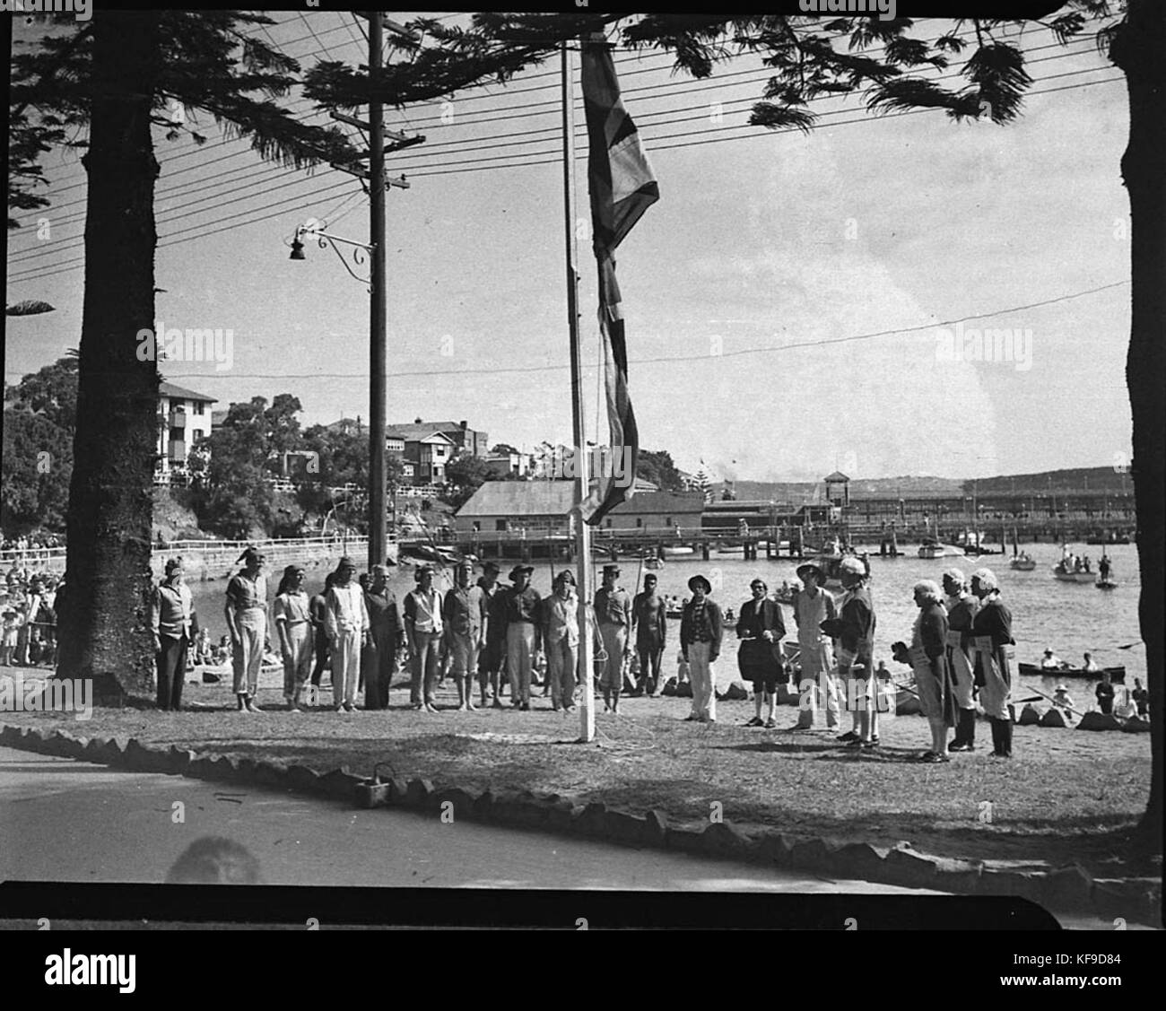 Il 150° anniversario dello sbarco del governatore Phillip a Manly commemora un evento significativo nella storia australiana, segnando l'arrivo della prima flotta nel 1788. L'anniversario celebra l'inizio dell'insediamento europeo in Australia. Foto Stock