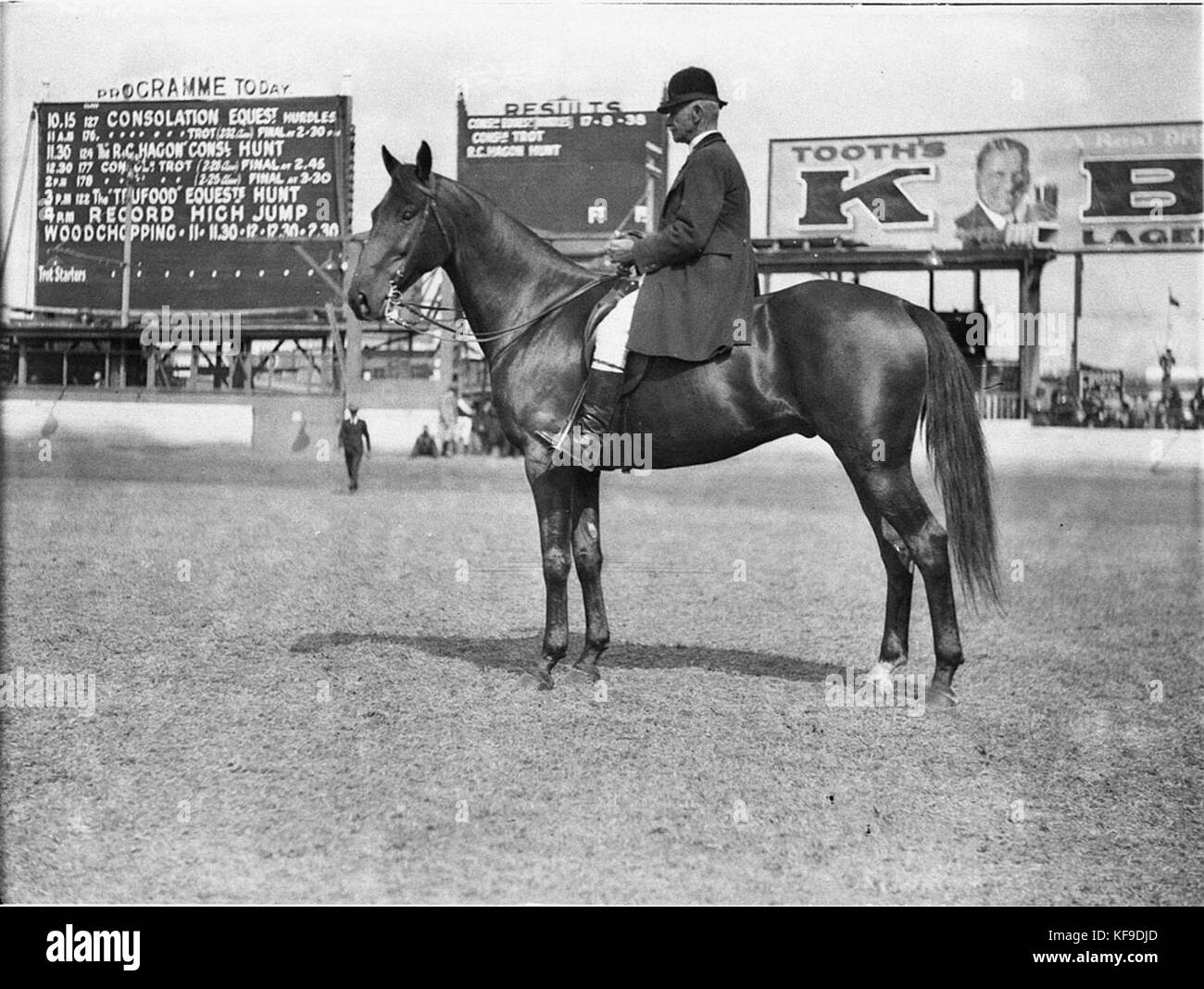 Un ufficiale a cavallo del Royal Australian Survey Corps (RAS) durante un evento o una cerimonia ufficiale, probabilmente nel XX secolo. L'immagine mostra un ufficiale in uniforme montato su un cavallo, indicativo del coinvolgimento della RAS nelle operazioni di sorveglianza e militari. La presenza di abbigliamento militare suggerisce un'occasione formale. Foto Stock