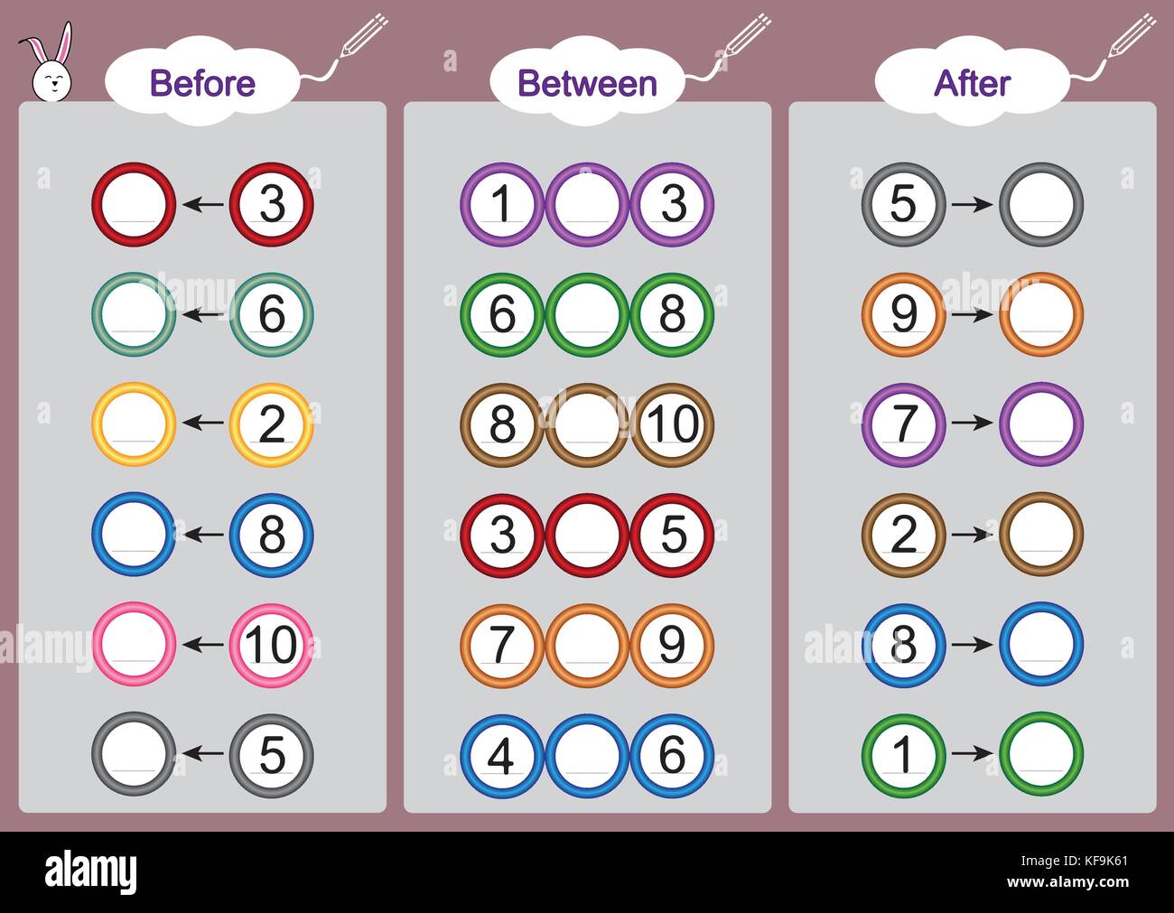 Che cosa viene prima-tra e dopo, fogli di lavoro per la matematica per i bambini Illustrazione Vettoriale