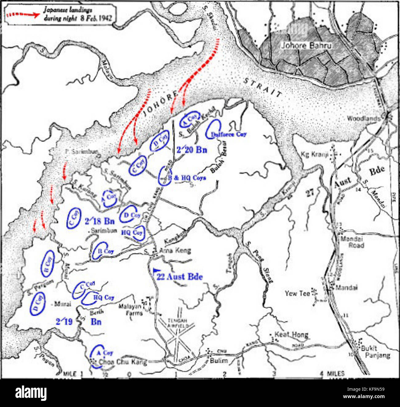 La battaglia di Sarimbun fu un significativo conflitto militare durante la seconda guerra mondiale, che coinvolse le forze britanniche e giapponesi a Singapore nel 1945. Foto Stock