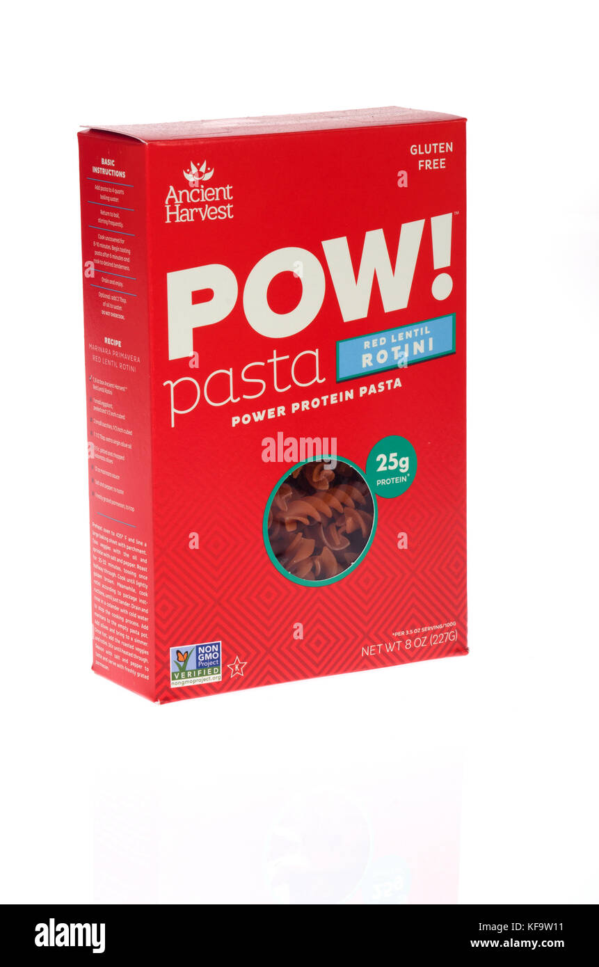 POW! Di lenticchie rosse Pasta Rotini scatola da antiche società di raccolto Foto Stock