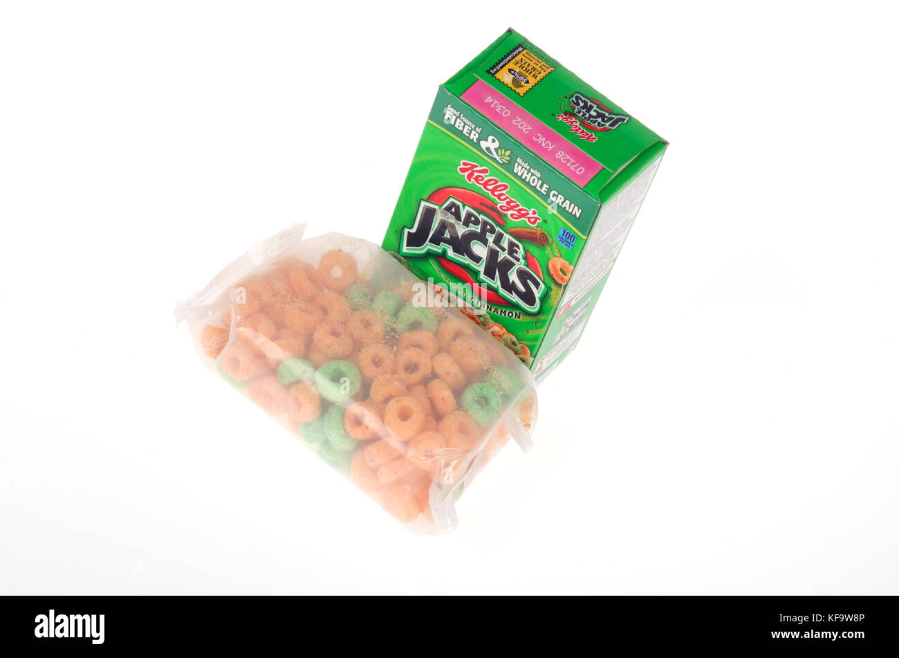 Kellogg's Jack Apple scatola di cereali e borsa su sfondo bianco Foto Stock