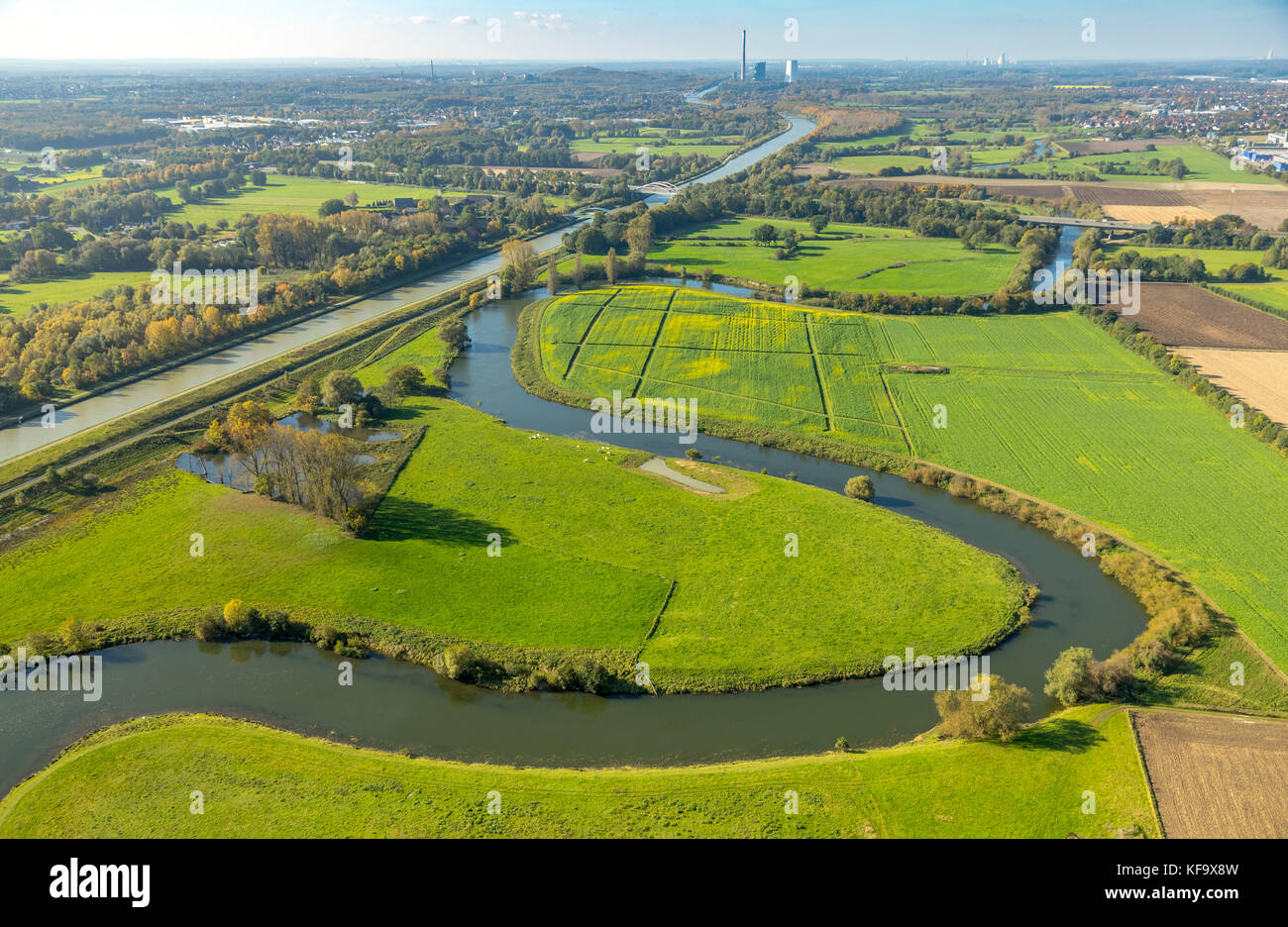 Fluß Lippe, Lippemäander auf der Stadtgrenze zwischen Werne und Hamm, Lippeauen, Wiesen, Naturschutzgebiet, Bergkamen, Ruhrgebiet, Nordrhein-Westfale Foto Stock