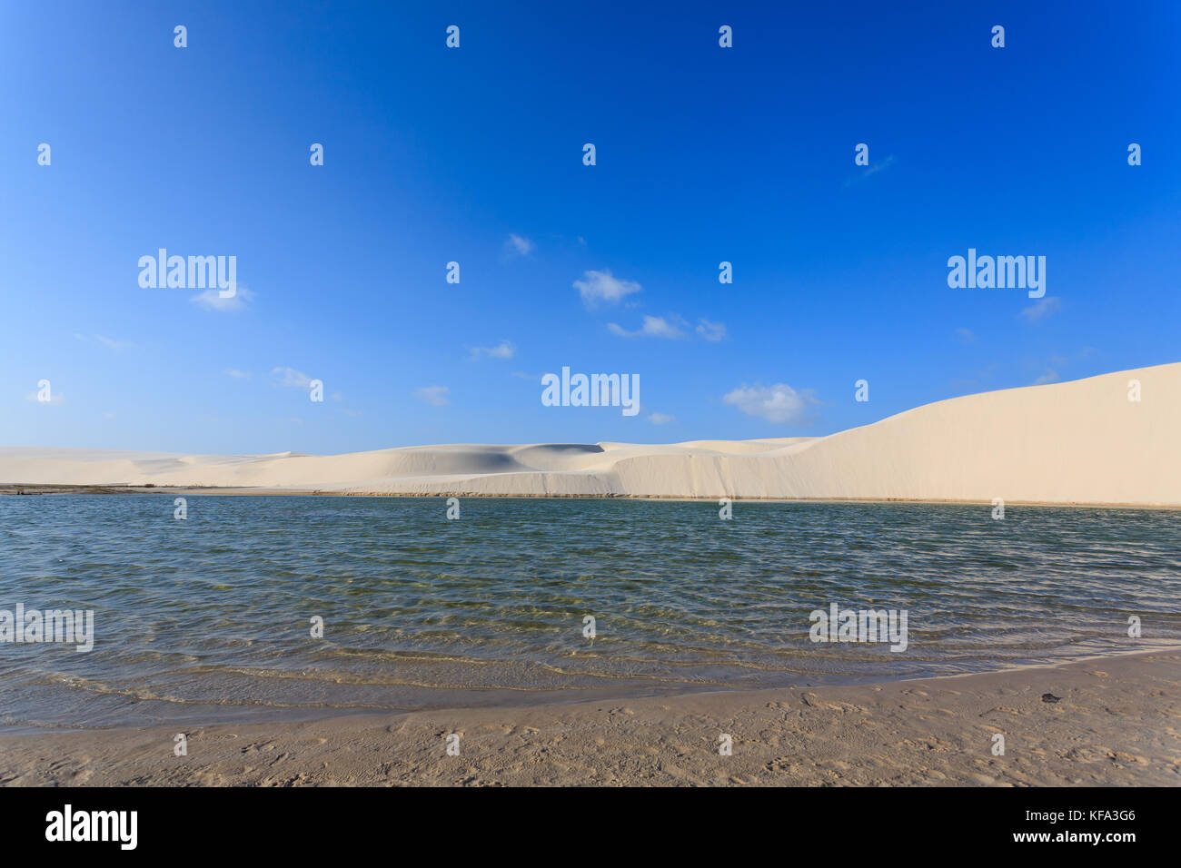 Le dune di sabbia bianca panorama da Lencois Maranhenses National Park, Brasile. Laguna di acqua piovana. Paesaggio brasiliano Foto Stock