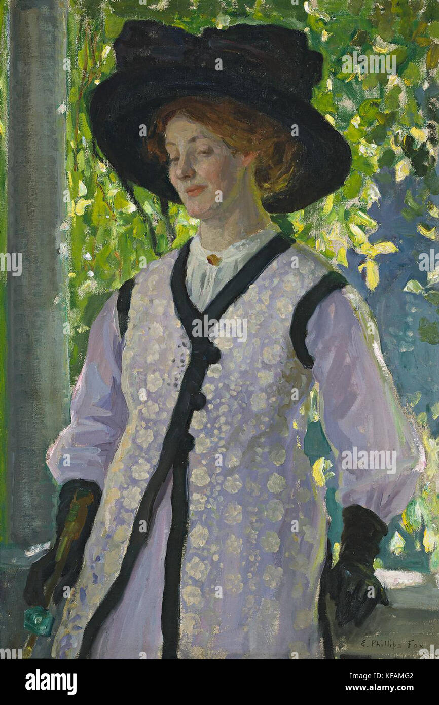 Questo dipinto del 1912 di Emanuel Phillips Fox, intitolato "sul balcone", raffigura una donna in piedi su un balcone, che riflette lo stile impressionista dell'artista. L'opera d'arte cattura un momento di serenità, con luce soffusa e un'attenzione particolare al rapporto della figura con l'ambiente. Foto Stock