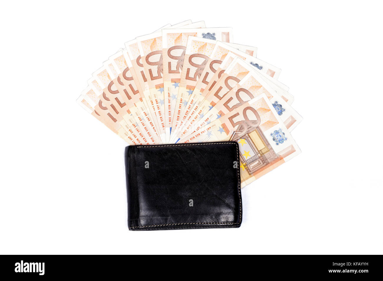 Portafoglio con denaro su sfondo bianco. euro. Foto Stock