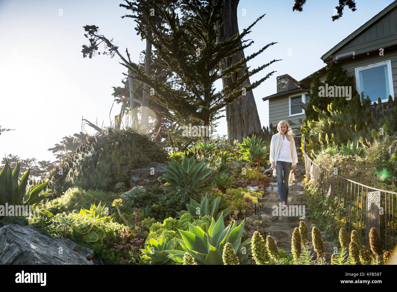 Stati Uniti, California, Big Sur, esalen, una donna cammina giù per le scale che portano al ponte sottostante la casa di Murphy, il Esalen Institute Foto Stock