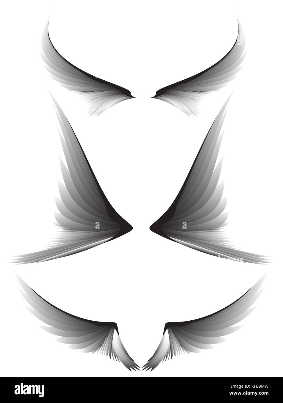 Impostare le ali di colore grigio su sfondo bianco, elemento di design Illustrazione Vettoriale