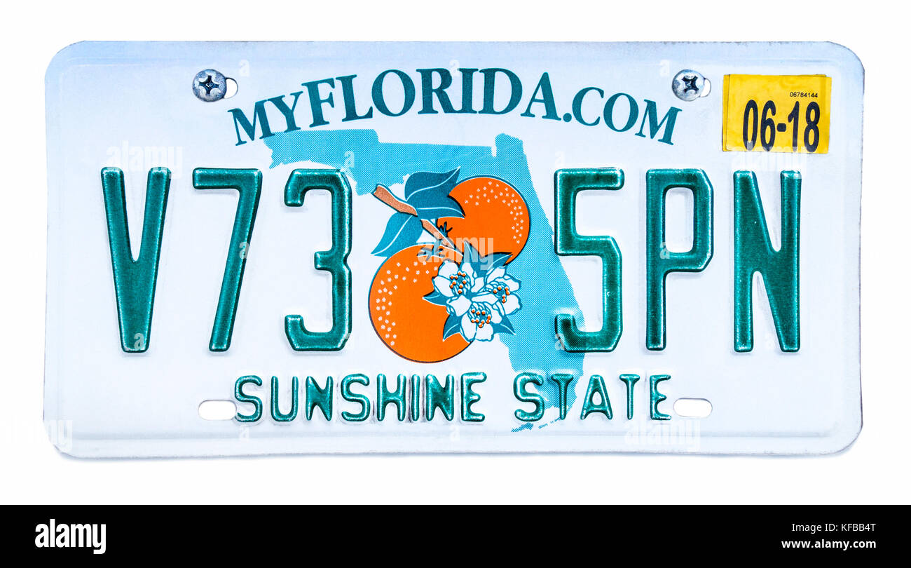 Florida piastra licenza; numero di immatricolazione del veicolo. Florida Sunshine State numero di targa. Foto Stock