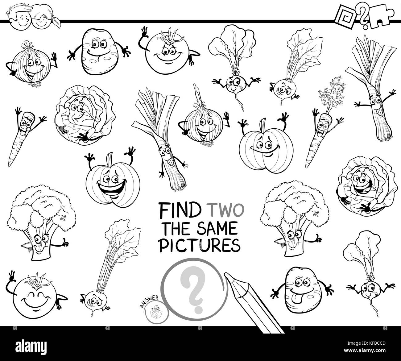 Bianco e nero cartoon illustrazione di trovare due immagini identiche gioco educativo per bambini con caratteri vegetali libro da colorare Illustrazione Vettoriale