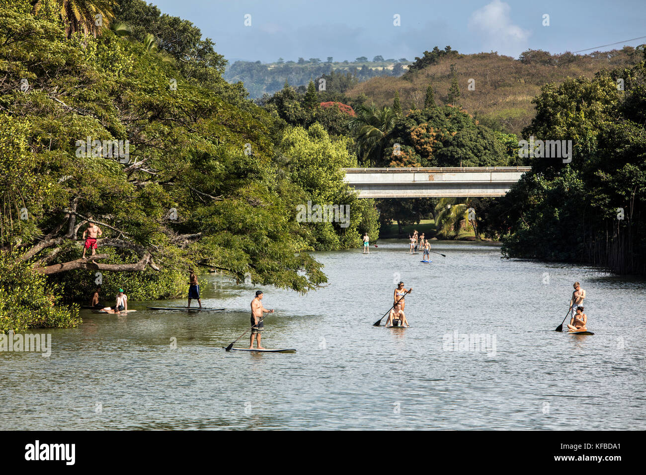 HAWAII, Oahu, North Shore, viaggiatori paddleboarding sul fiume Anahulu sotto lo storico Ponte di Arcobaleno nella città di Haliewa Foto Stock