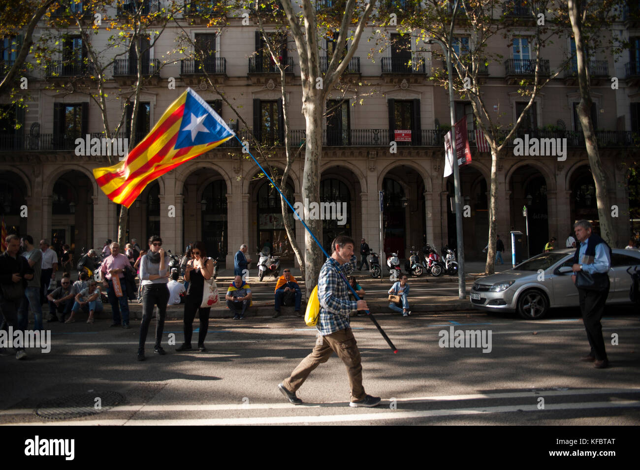 Barcellona, Catalogna. 27 ottobre 2017. Un ragazzo avanza con una bandiera di indipendenza all'ingresso del Parlamento della Catalogna, dove oggi viene proposta e votata la dichiarazione unilaterale di indipendenza. Credit: Charlie Perez/Alamy Live News Foto Stock
