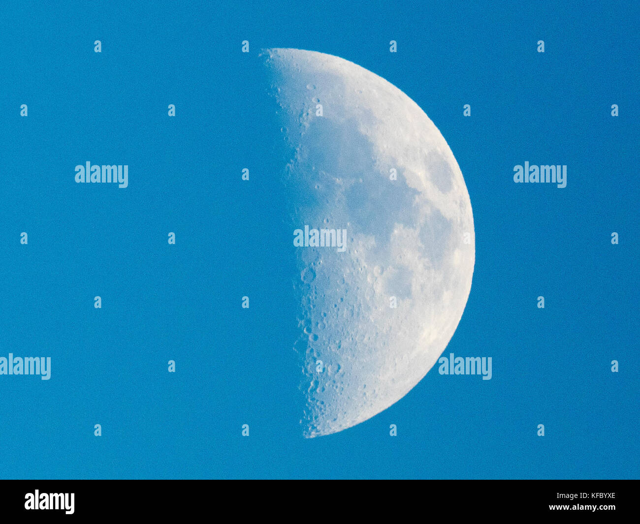 Sheerness, Kent, Regno Unito. 27 ott 2017. Regno Unito meteo: La Luna al primo quarto. Questa fase si verifica circa 7 giorni dopo la luna nuova quando la luna è un quarto del modo attraverso di esso dell'orbita intorno alla terra. La metà della luna è illuminata e metà scure. Credito: James Bell/Alamy Live News Foto Stock