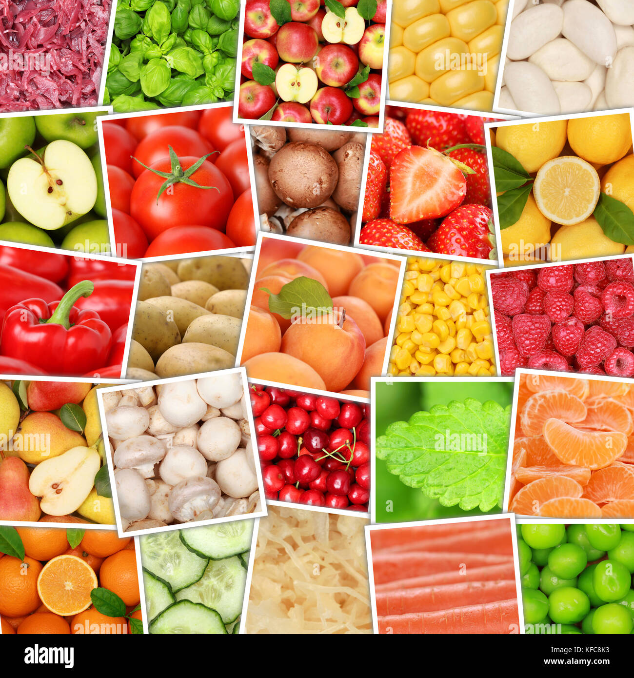 Frutta e verdura sfondo vista dall'alto piazza raccolta mele Arance Limoni pomodori frutta dal di sopra Foto Stock