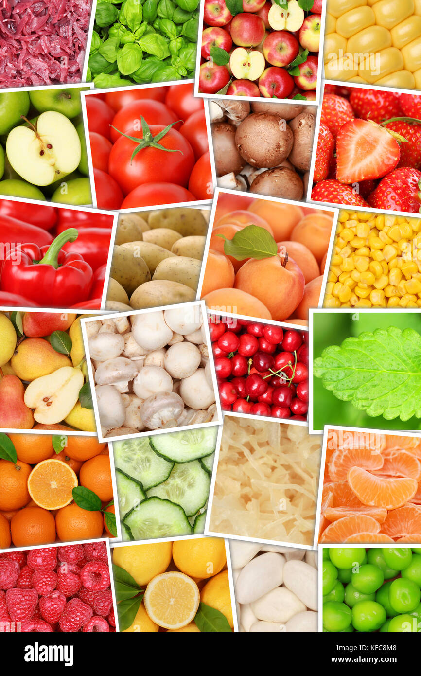 Frutta e verdura sfondo top visualizza collezione formato ritratto mele Arance Limoni pomodori frutta dal di sopra Foto Stock