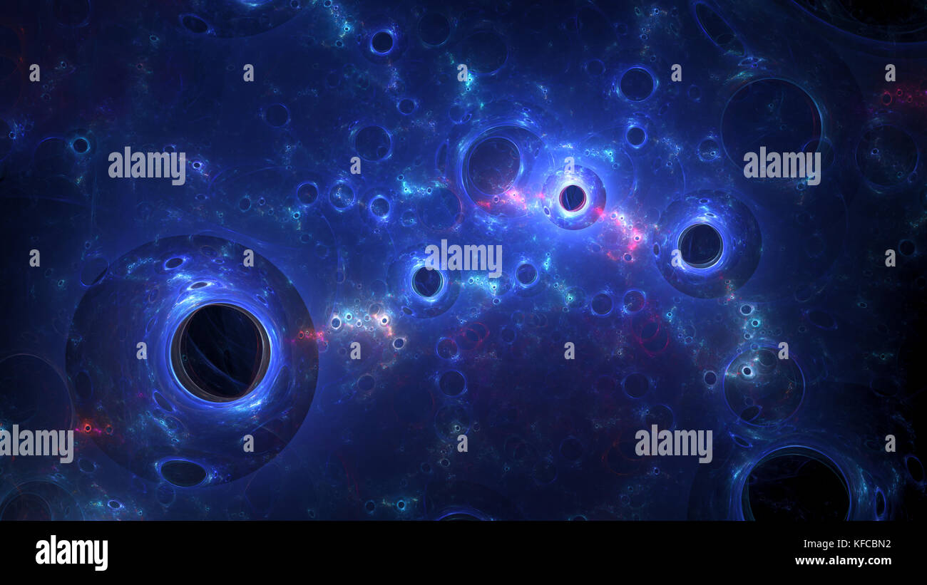 Massicci buchi neri nella nebulosa generata da computer sfondo astratto, rendering 3D Foto Stock