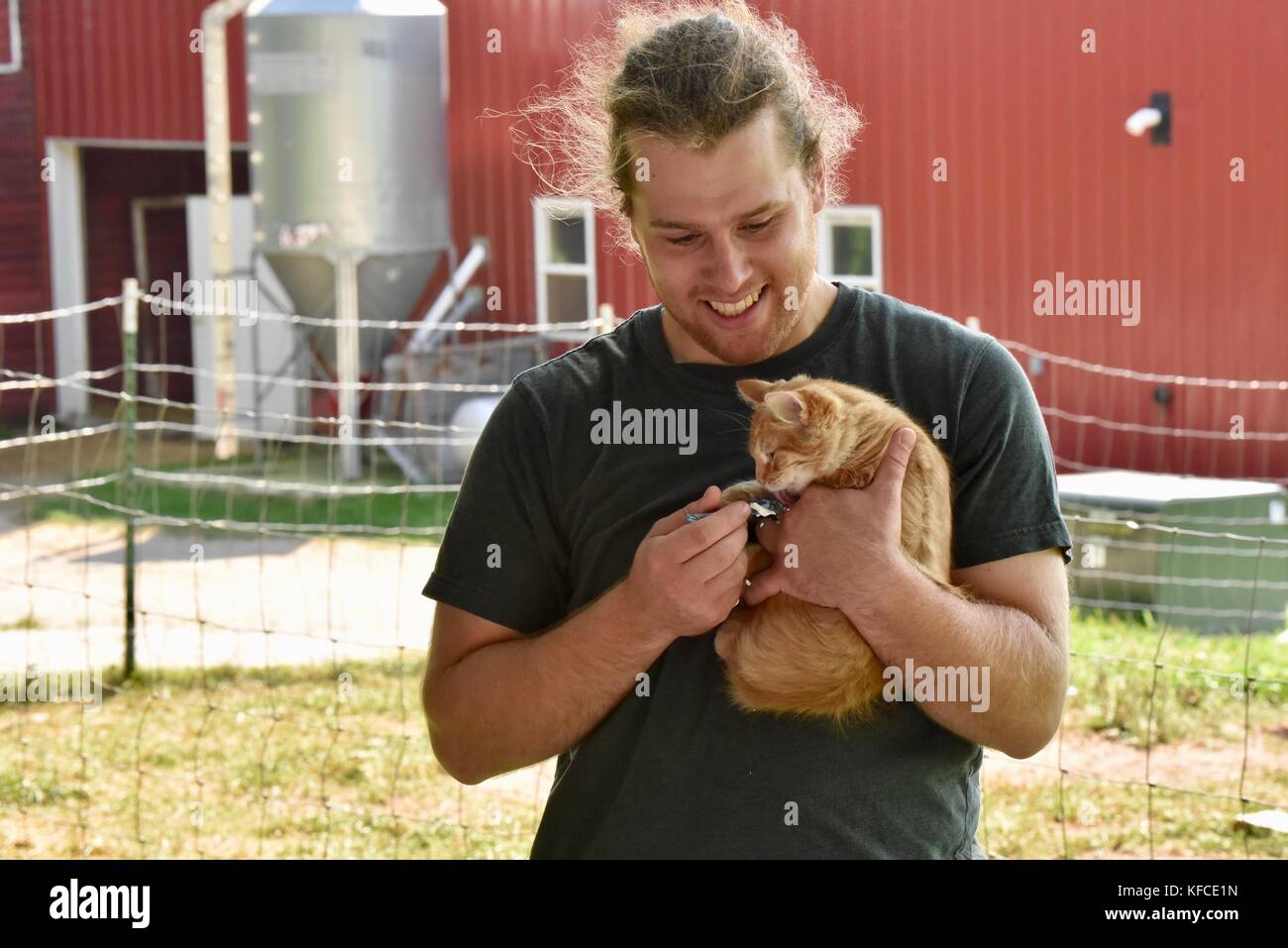 L'uomo gioca con gatto durante il tour della fattoria di capre che fornisce latte a Door County Creamery in Door County comunità di suor Bay, Wisconsin, Stati Uniti d'America. Foto Stock