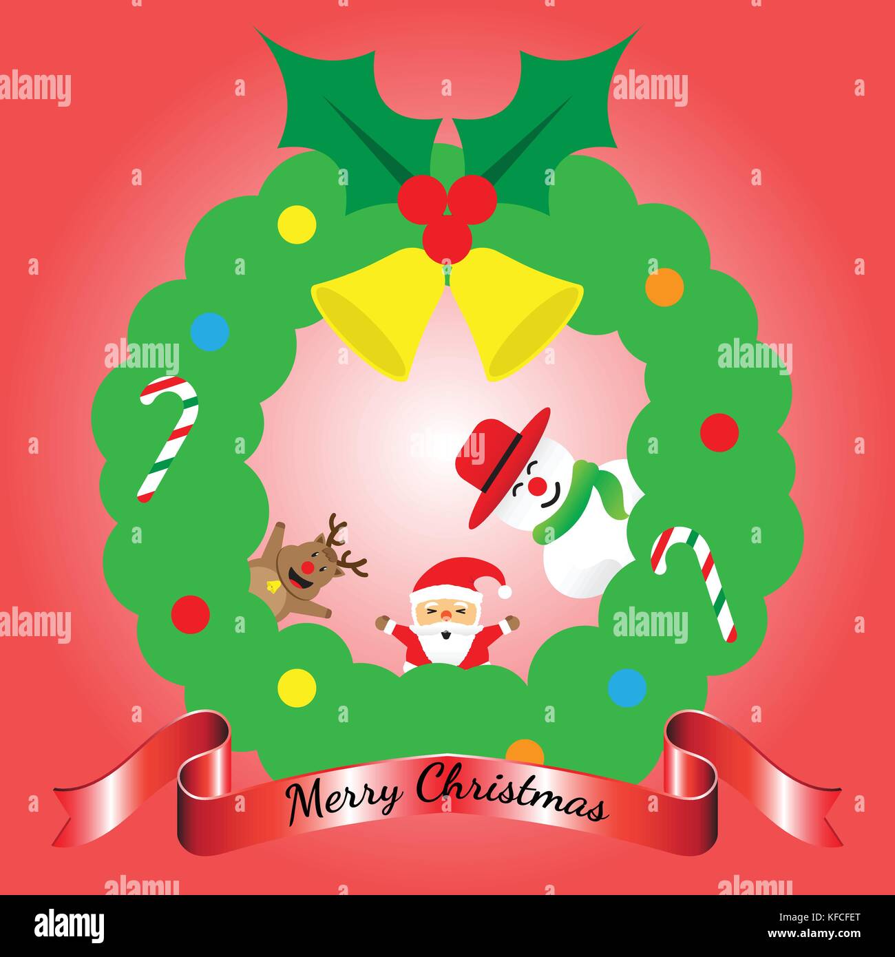 Buon Natale, carino di renne, paffuto santa claus, e paffuto pupazzo è pendente al di fuori della corona verde con splendenti nastro rosso su sfondo rosso Illustrazione Vettoriale