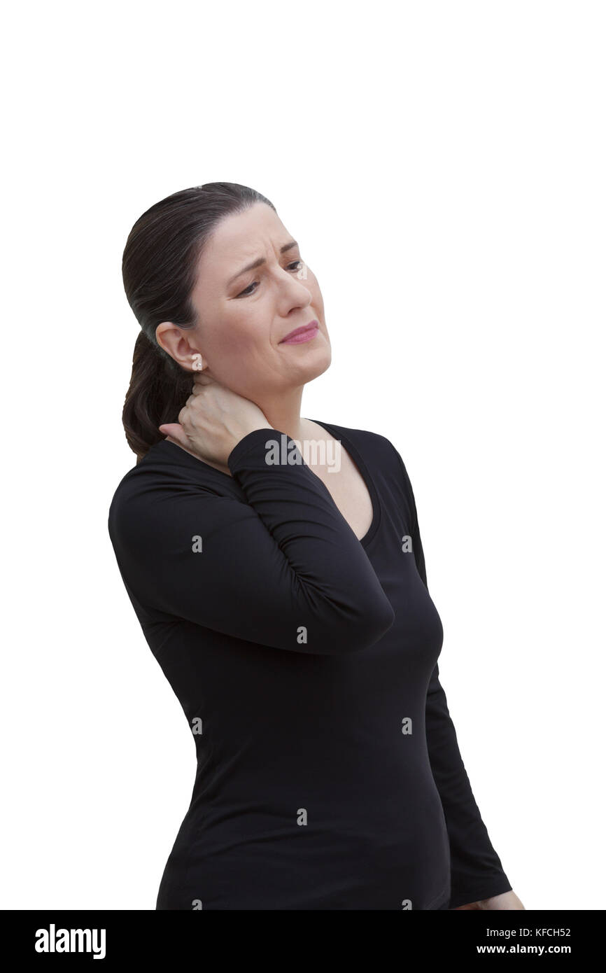 Donna di mezza età con dolore cronico, sindrome di fibromialgia affetti da neckache acuta, isolato su sfondo bianco Foto Stock