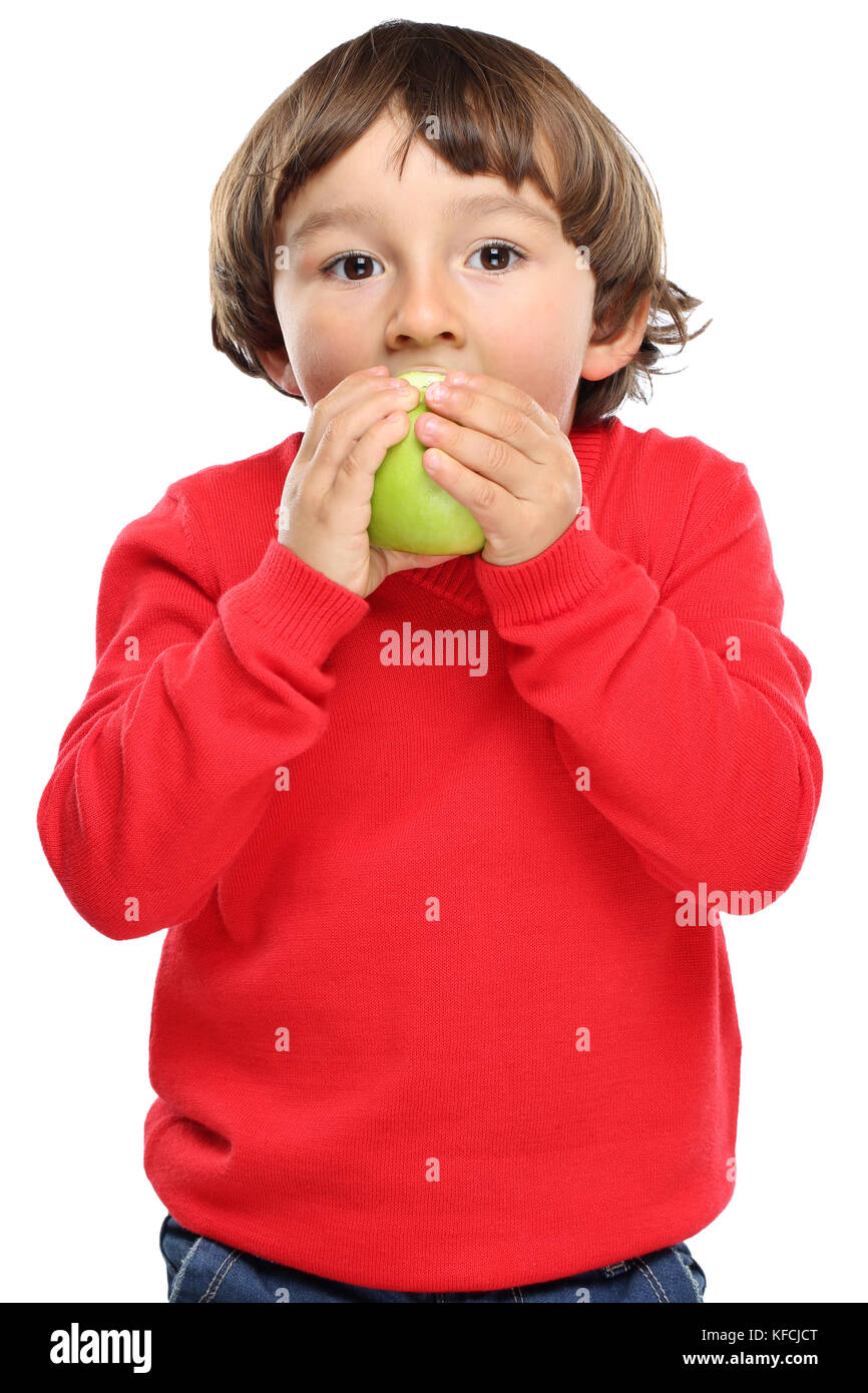 Bambino kid mangiare frutta apple autunno autunno sano isolati su sfondo bianco Foto Stock