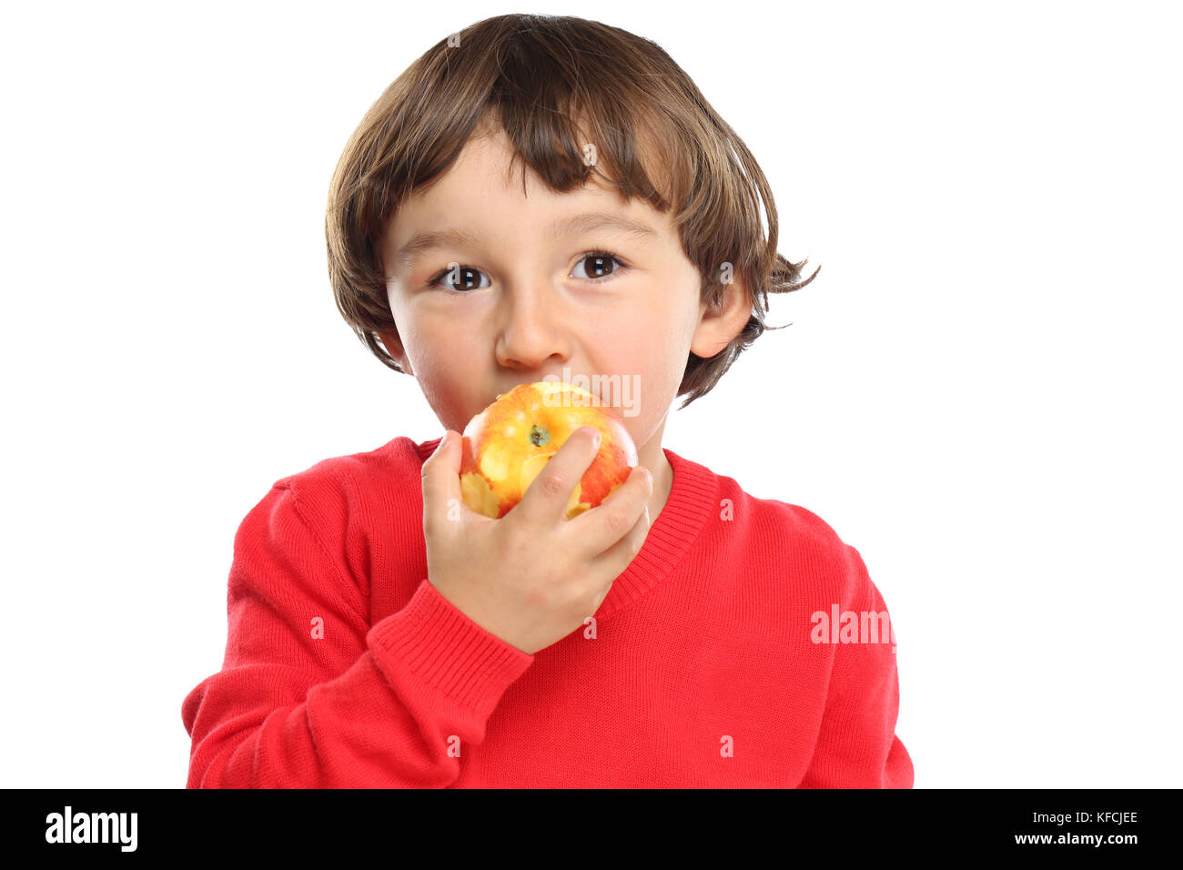 Apple mangiare bambino kid Sano frutta isolato su uno sfondo bianco Foto Stock