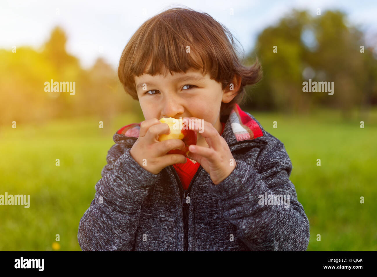 Bambino kid mangiare frutta apple outdoor autunno cadono all'esterno sano Foto Stock
