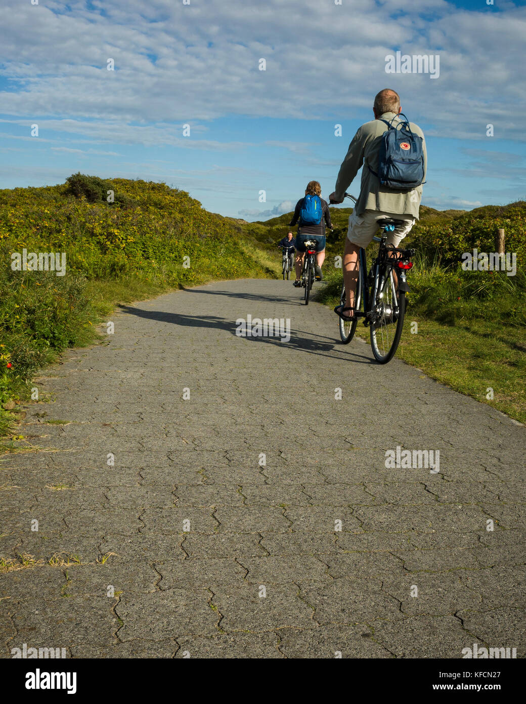 Dünen-Oase, Langeoog. Deutschland. Germania. Una strada senza nome che conducono alle dune di sabbia verso l'estremità est dell'isola dalla Dünen-Oase Café. Vacanza turisti in bicicletta verso le dune su uno del percorso le strade che conducono alla estremità est dell'isola. I turisti vengono a Langeoog per la campagna, aria fresca per una buona salute. Foto Stock