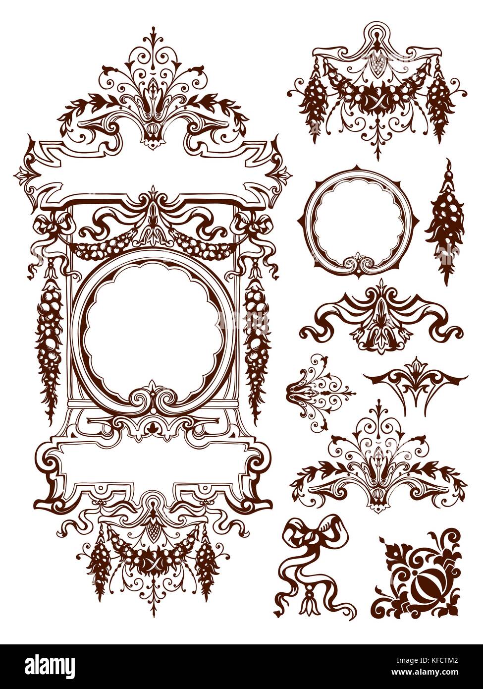 Intricato retrò linea del vettore di disegni di fiori e di ornamento foliate elementi di design in ghirlande con copia spazio, festoni e code con vignette vuoto Illustrazione Vettoriale