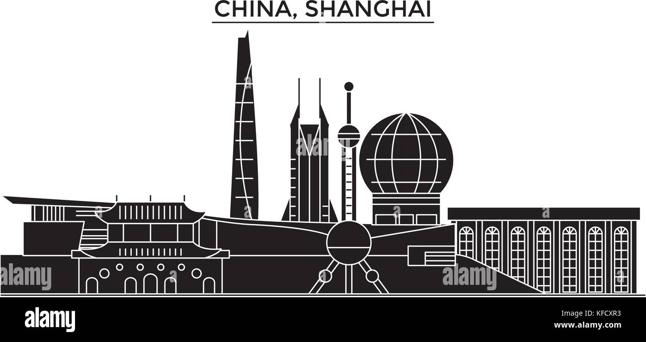 Cina, architettura di Shanghai urban skyline con punti di riferimento, cityscape, palazzi, case ,vettore paesaggio della città, corse modificabile Illustrazione Vettoriale