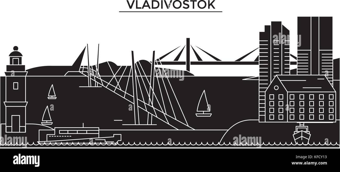 Russia, vladivostok architettura skyline urbano con i punti di riferimento cityscape, palazzi, case ,vettore paesaggio della città, corse modificabile Illustrazione Vettoriale