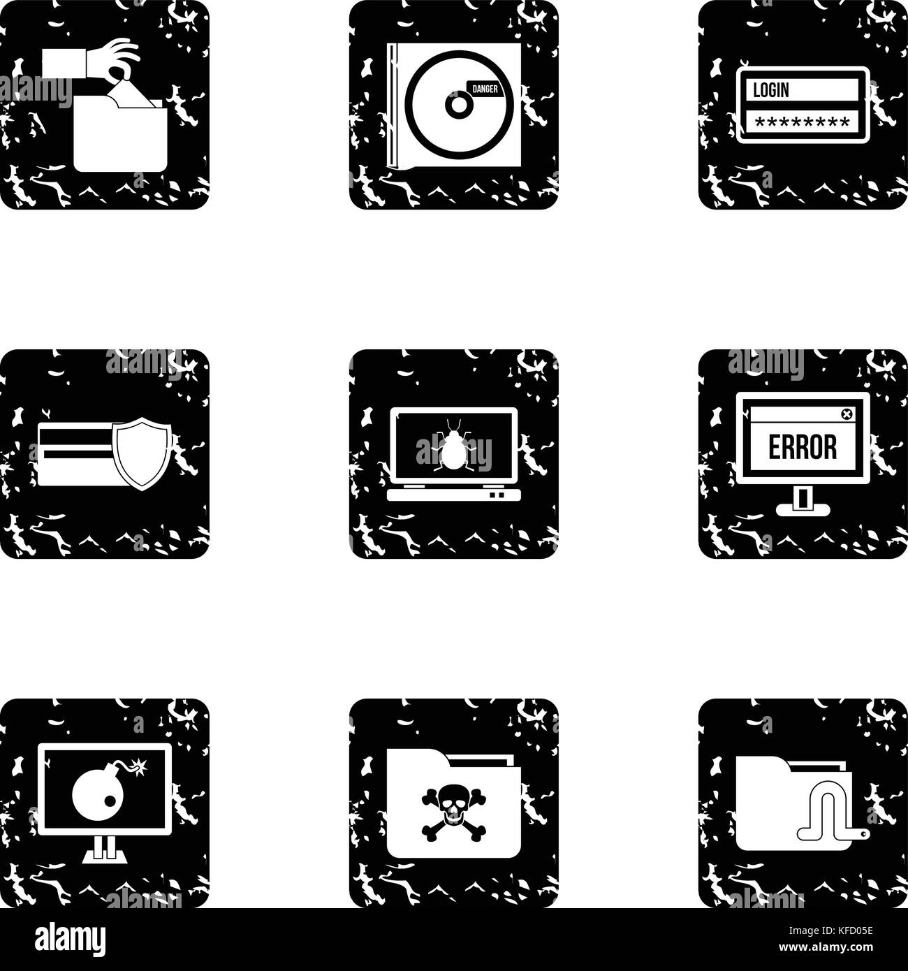 Attacco ddos set di icone, stile grunge Illustrazione Vettoriale