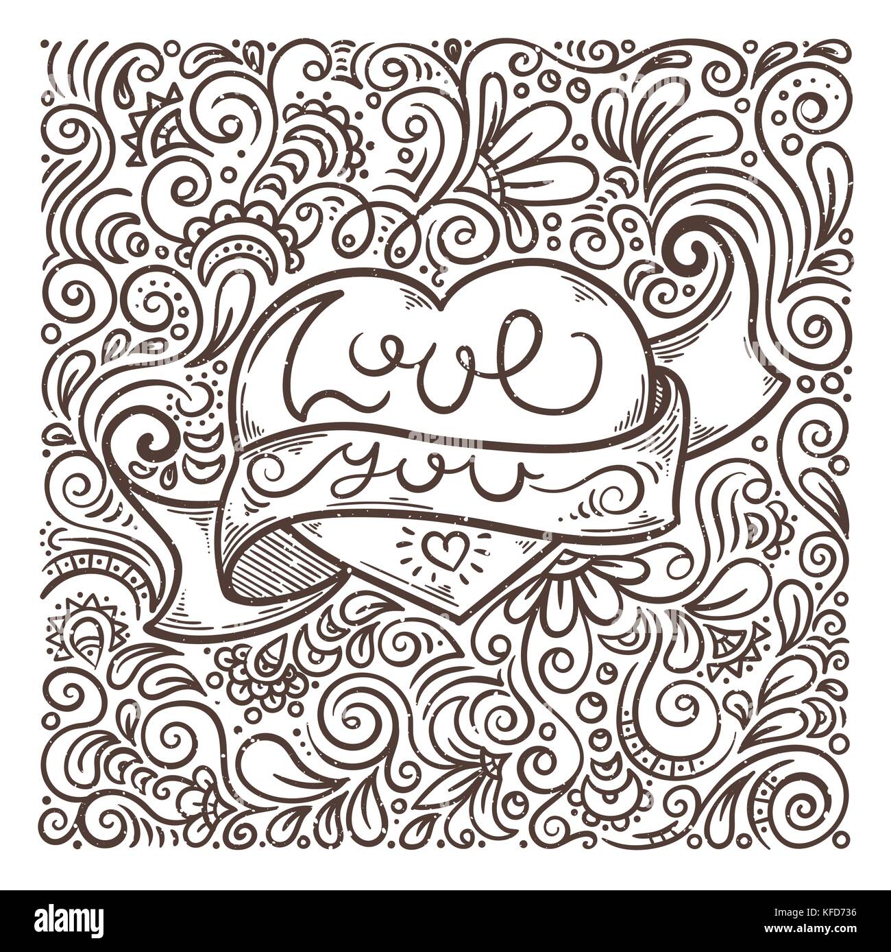 Disegnata a mano doodle lettering con amore è il testo sul disegno floreale. illustrazione vettoriale. Illustrazione Vettoriale