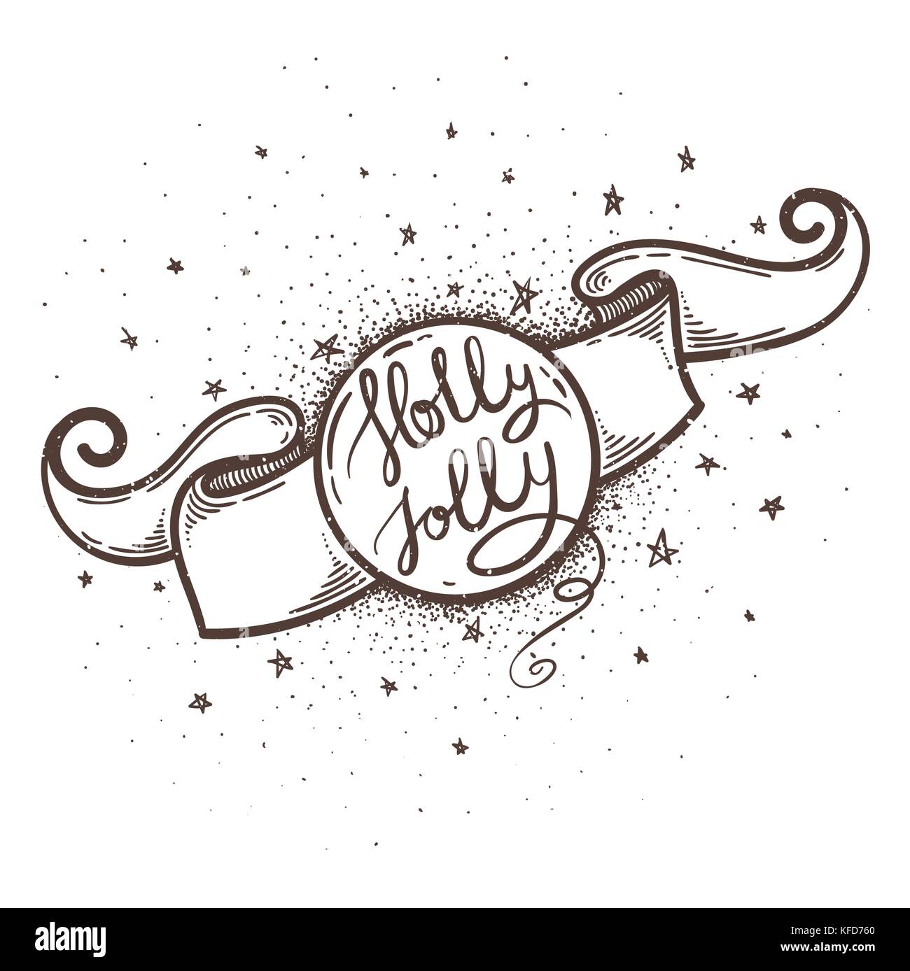 Lettering handdrawn badge con holly jolly testo. arte vettoriale. design perfetto per poster, cartoline volantini e striscioni. xmas design. Illustrazione Vettoriale