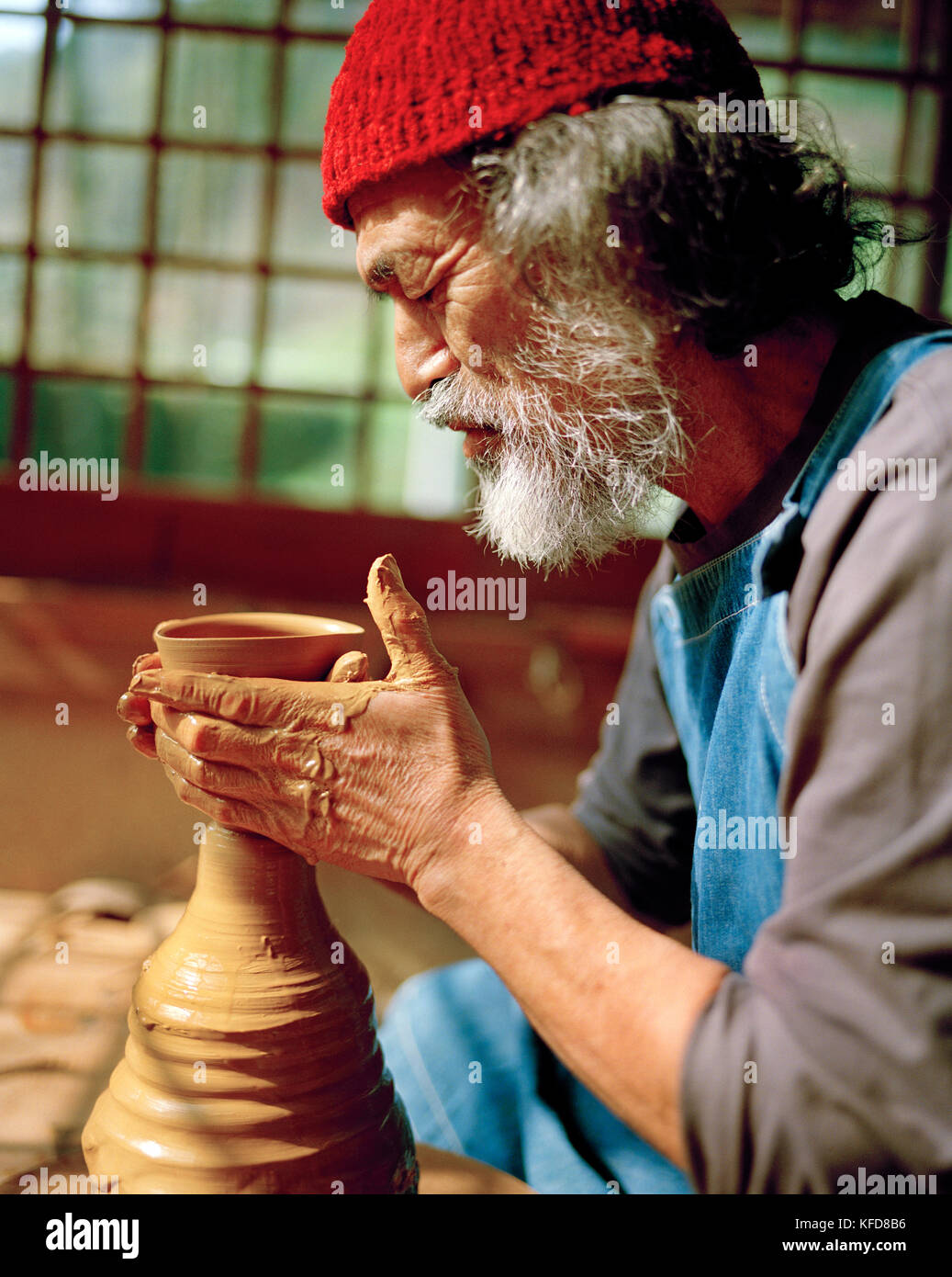 GIAPPONE, Kyushu, maestro vasaio Takashi Nakazawa che lancia una tazza da tè Foto Stock