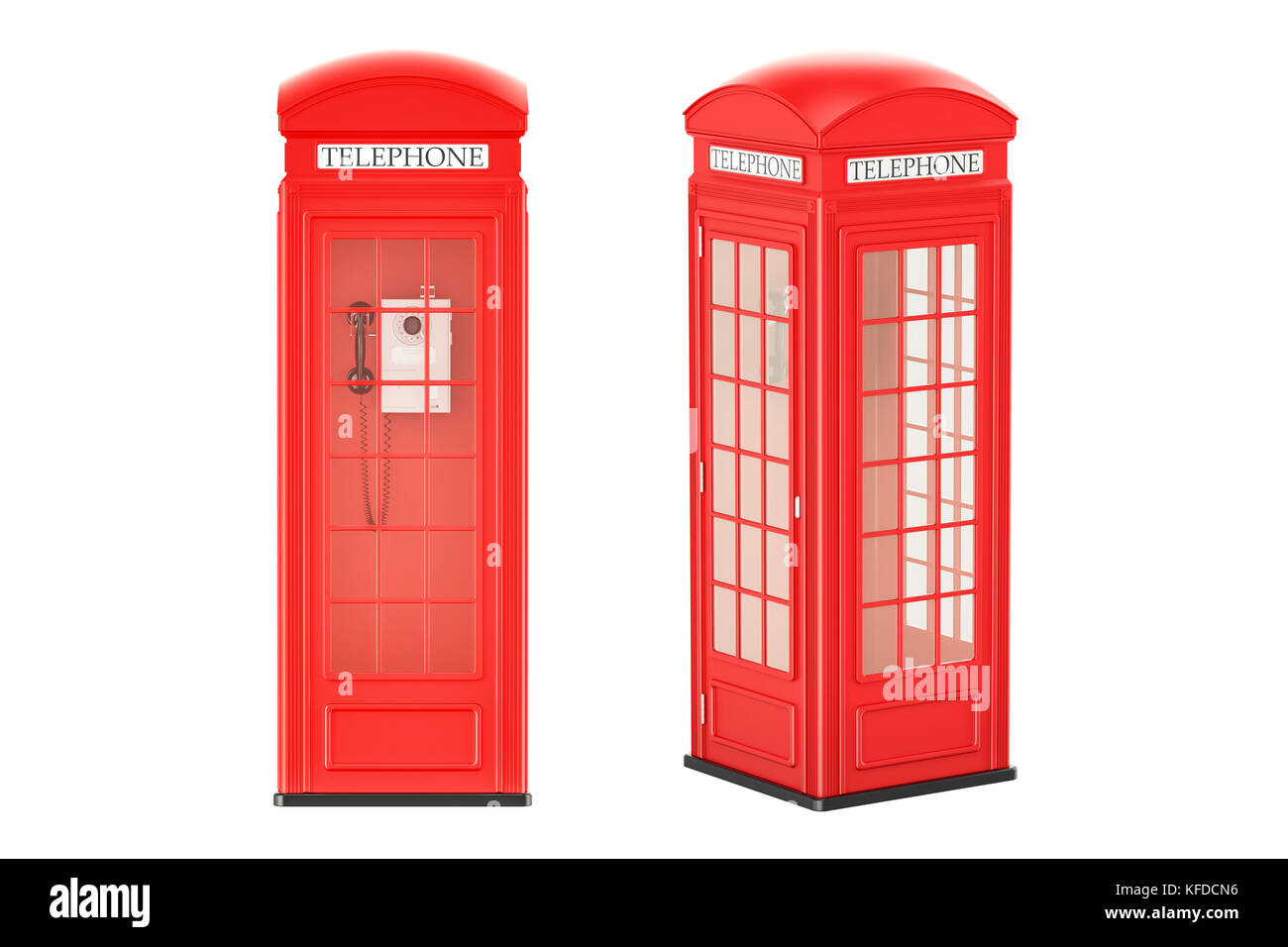 Cabine telefoniche rosse, vista anteriore e laterale, rendering 3D isolati su sfondo bianco Foto Stock