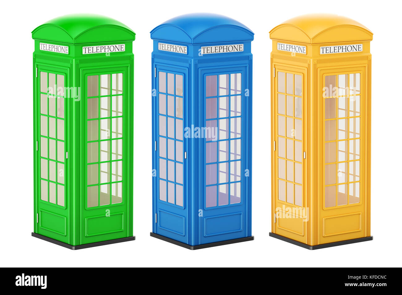 Set di colorate cabine telefoniche, rendering 3D isolati su sfondo bianco Foto Stock