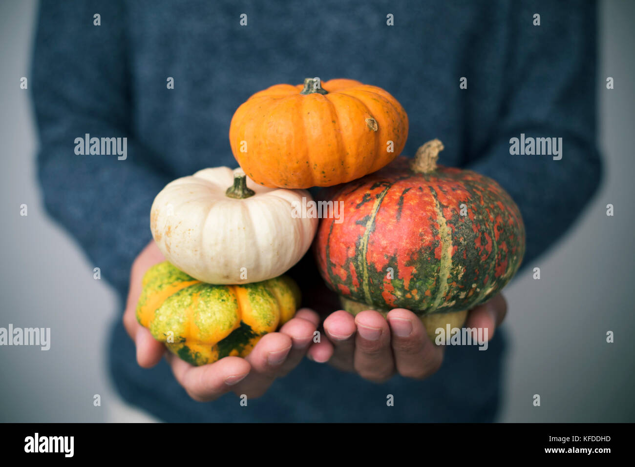 Primo piano di un giovane uomo caucasico con un assortimento di diverse varietà di zucche nelle sue mani Foto Stock