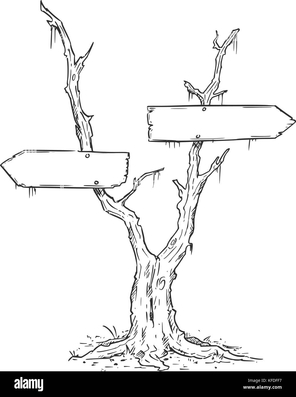 Vettore di disegno di dead swamp tree con decisione segni freccia. Illustrazione Vettoriale