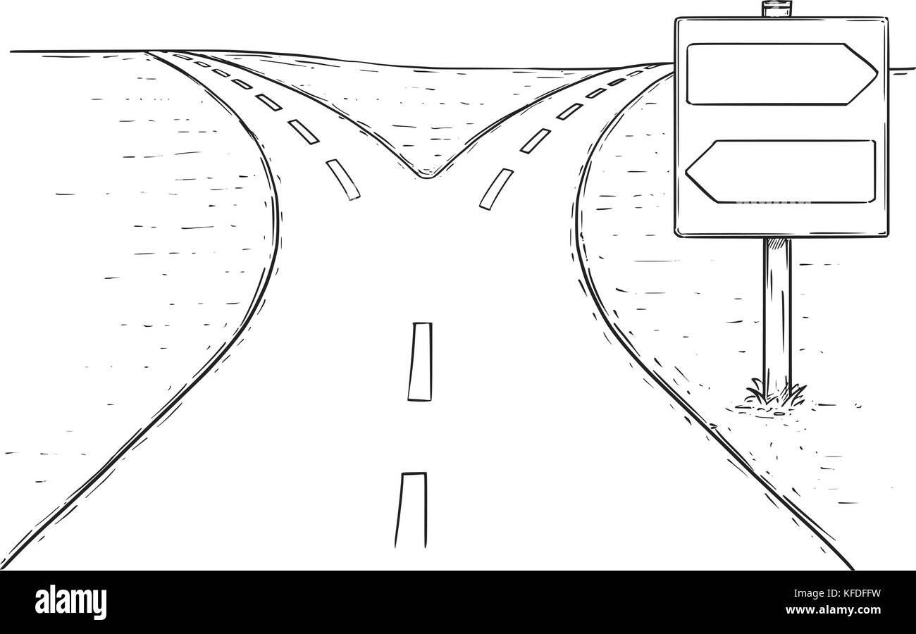 Vettore di disegno di fork in the road con vuoto vuoto decisione segni freccia. Illustrazione Vettoriale