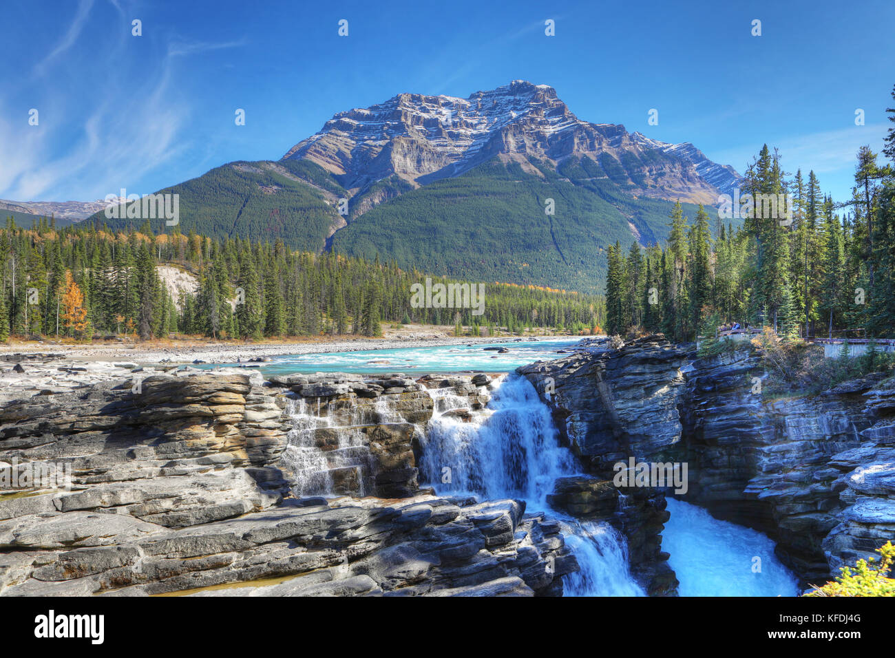 Le Cascate Athabasca con la montagna rocciosa alle spalle di picco Foto Stock