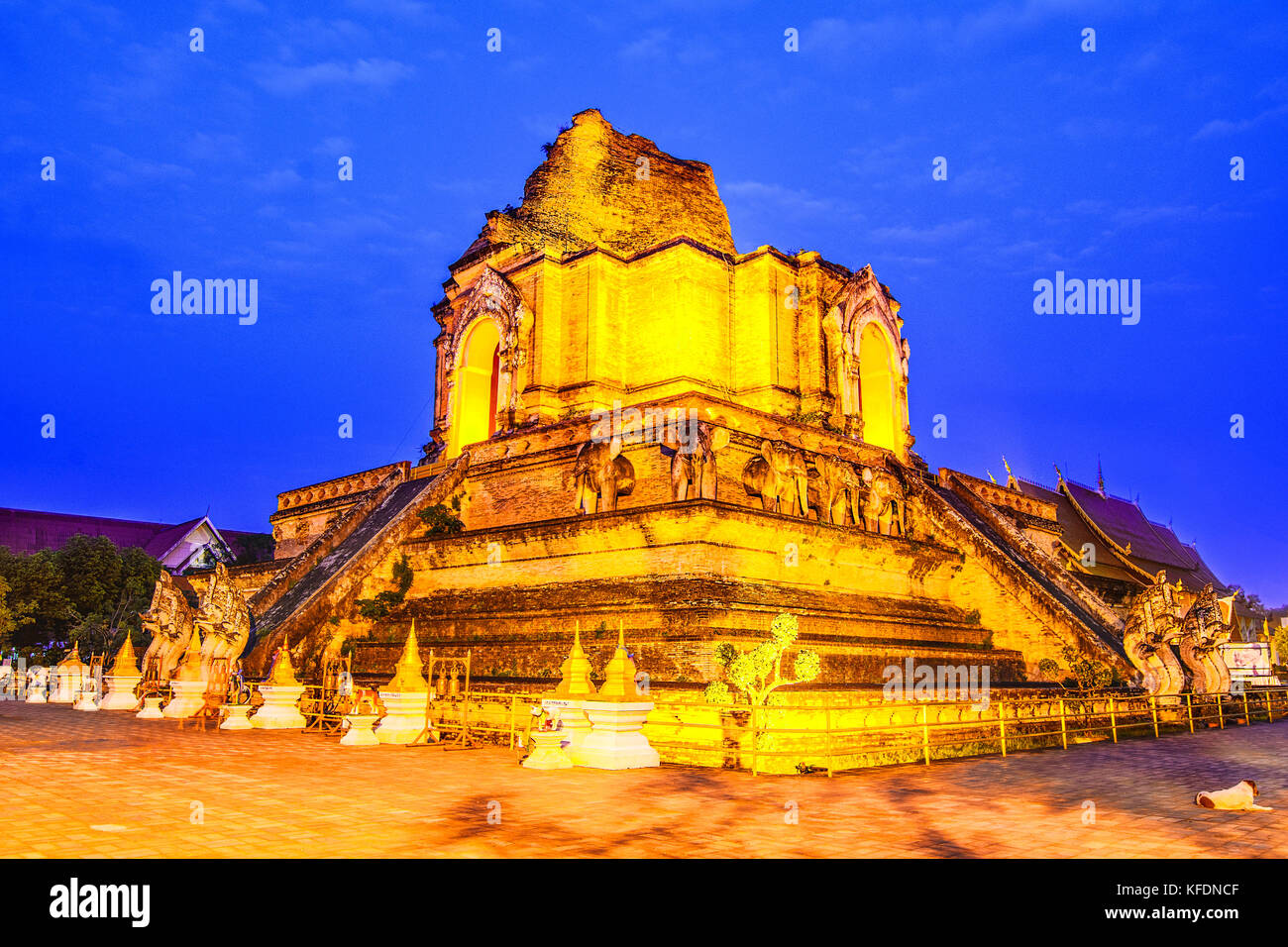 Vista notturna ofa ncient pagoda di Wat Chedi Luang in Chiang Mai, provincia di Thailandia,Asia Foto Stock