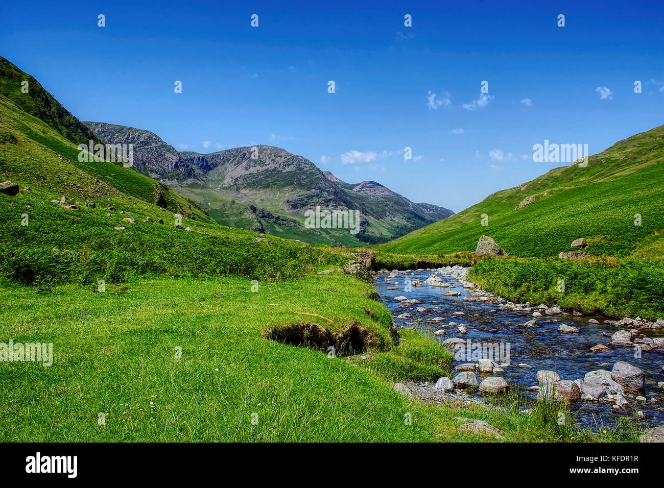 Ruscello di montagna nella verde vallata del Parco Nazionale del Distretto dei Laghi,Cumbria, Regno Unito, Giugno 2017,il bel tempo. Foto Stock