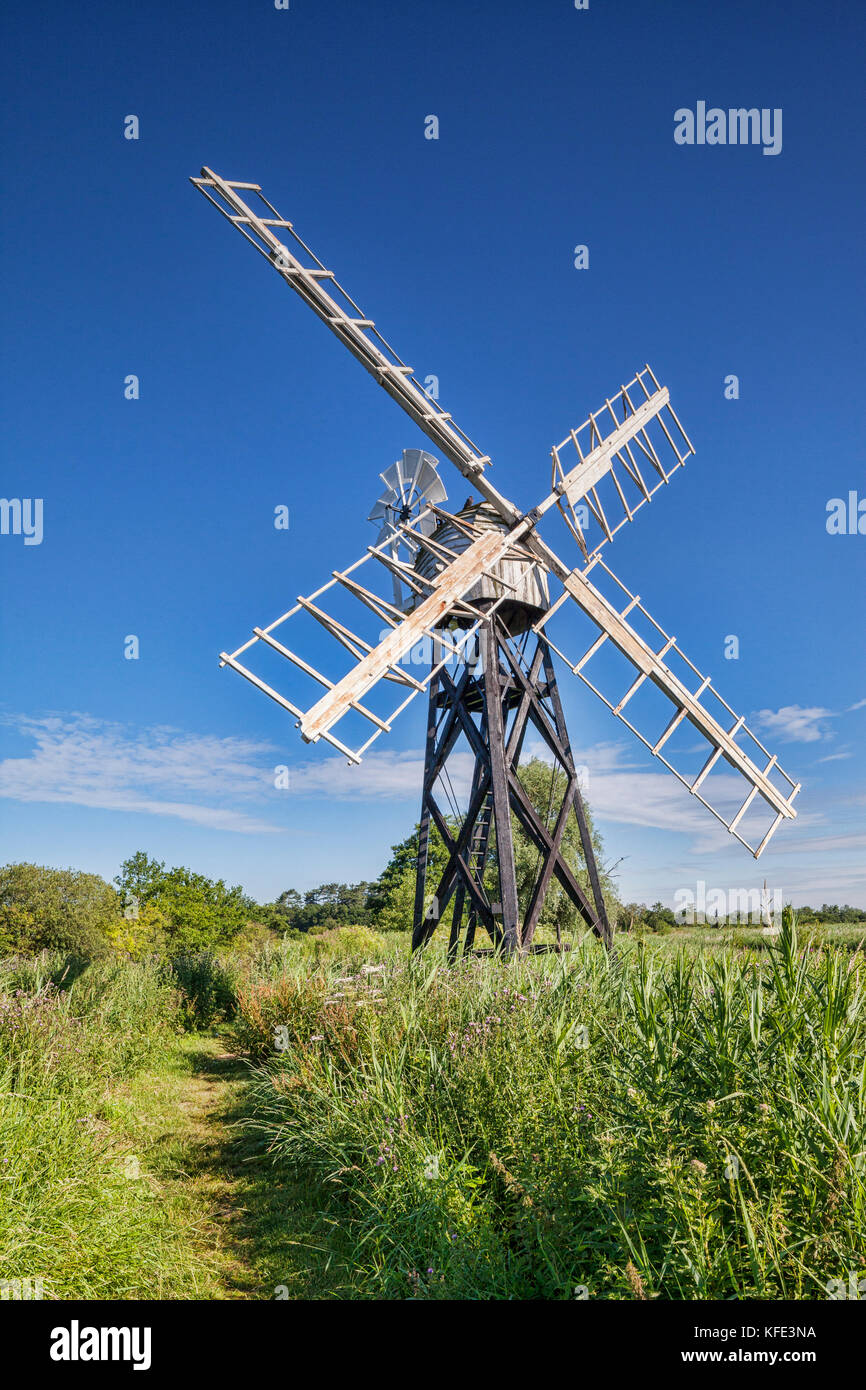 Boardman's mill, lo scheletro di un mulino a vento o pompa di vento in Norfolk Broads, Norfolk, Inghilterra. Foto Stock