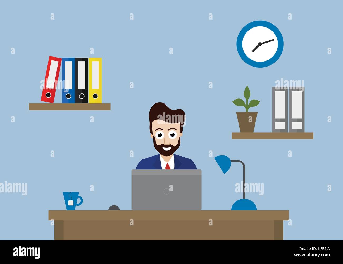 Illustrazione vettoriale di office con orologio, cartelle e fiore sul ripiano e manager seduto alla scrivania con computer portatile, un mouse, tè e lampada Illustrazione Vettoriale