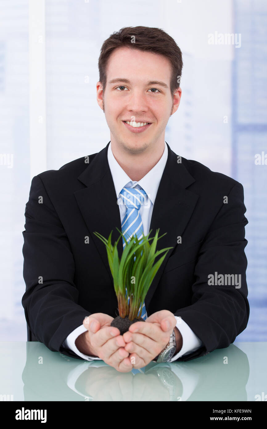 Ritratto di fiducioso giovane impreditore azienda alberelli alla scrivania in ufficio Foto Stock